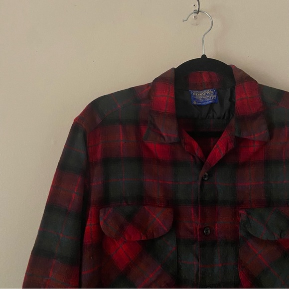 Pendleton• vintage red green wool flannel plaid button up shirt - Picture 3 of 13